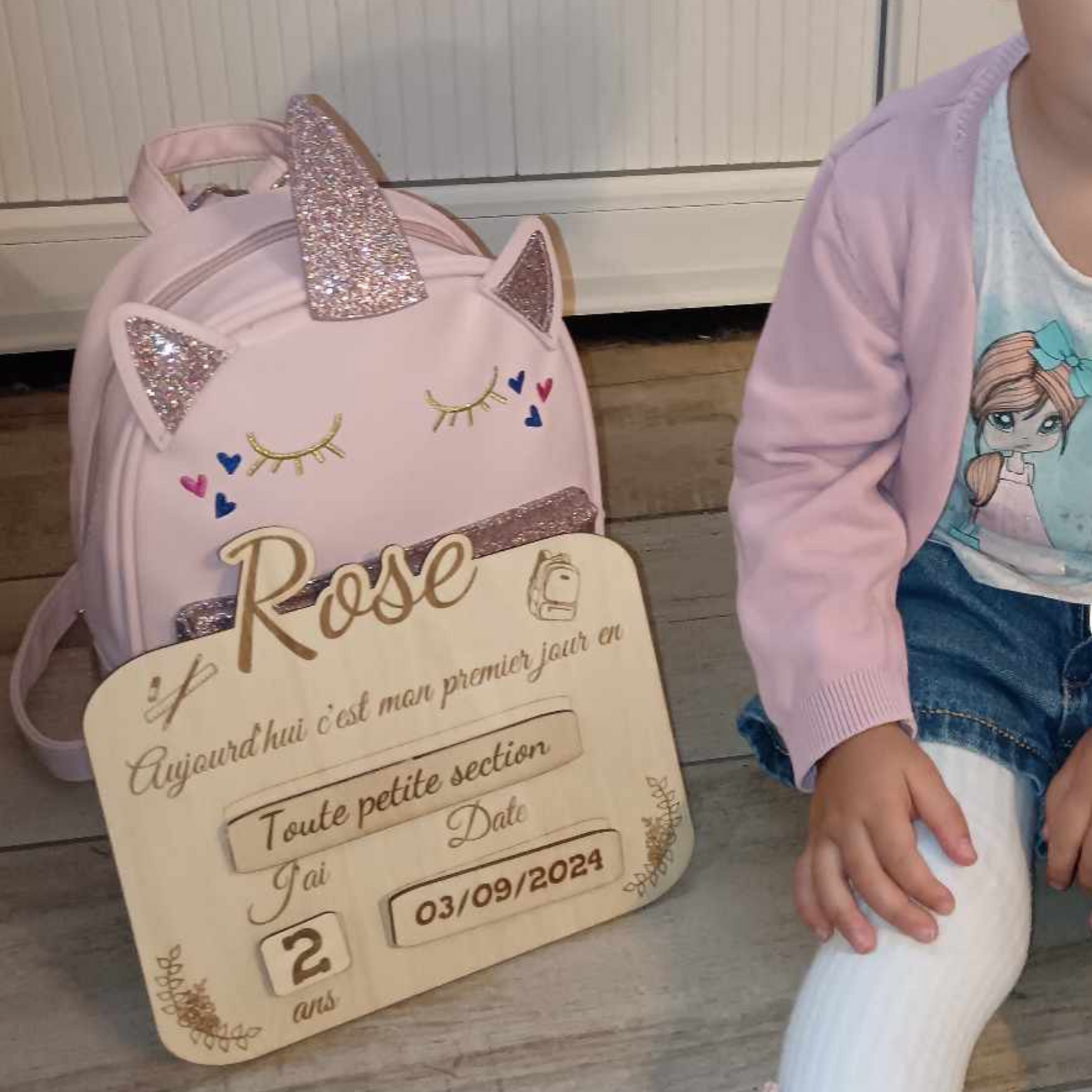 Panneau en bois réutilisable – Photo rentrée scolaire – Prénom et classe