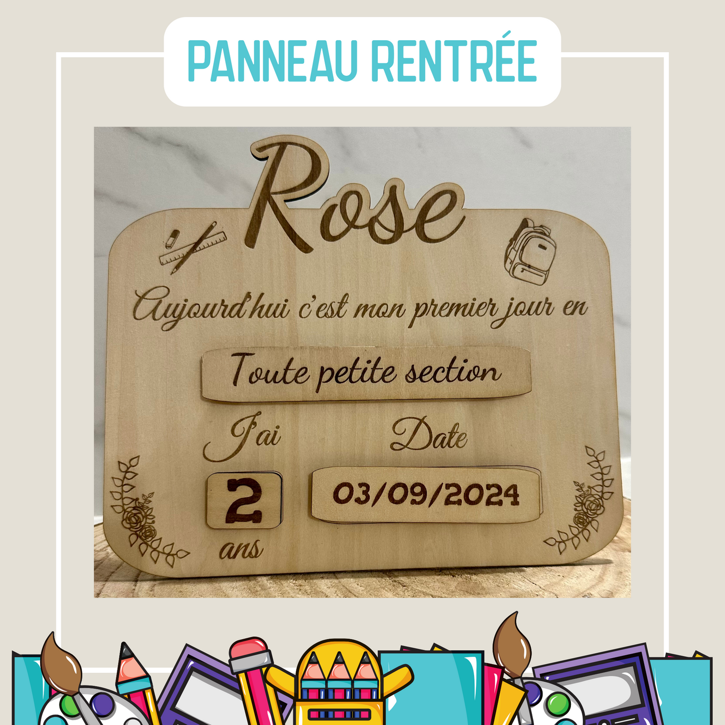 Panneau en bois réutilisable – Photo rentrée scolaire – Prénom et classe